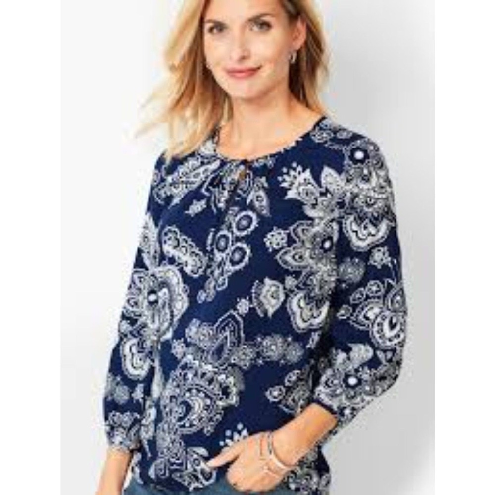 Talbots Paisley Tie-Neck Blouse Flowy Blue & White Top Coastal